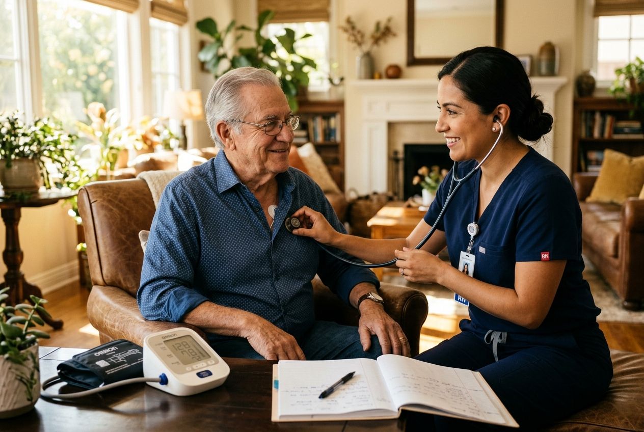 A registered nurse checking vital signs and reviewing a health log with an older gentleman at home.