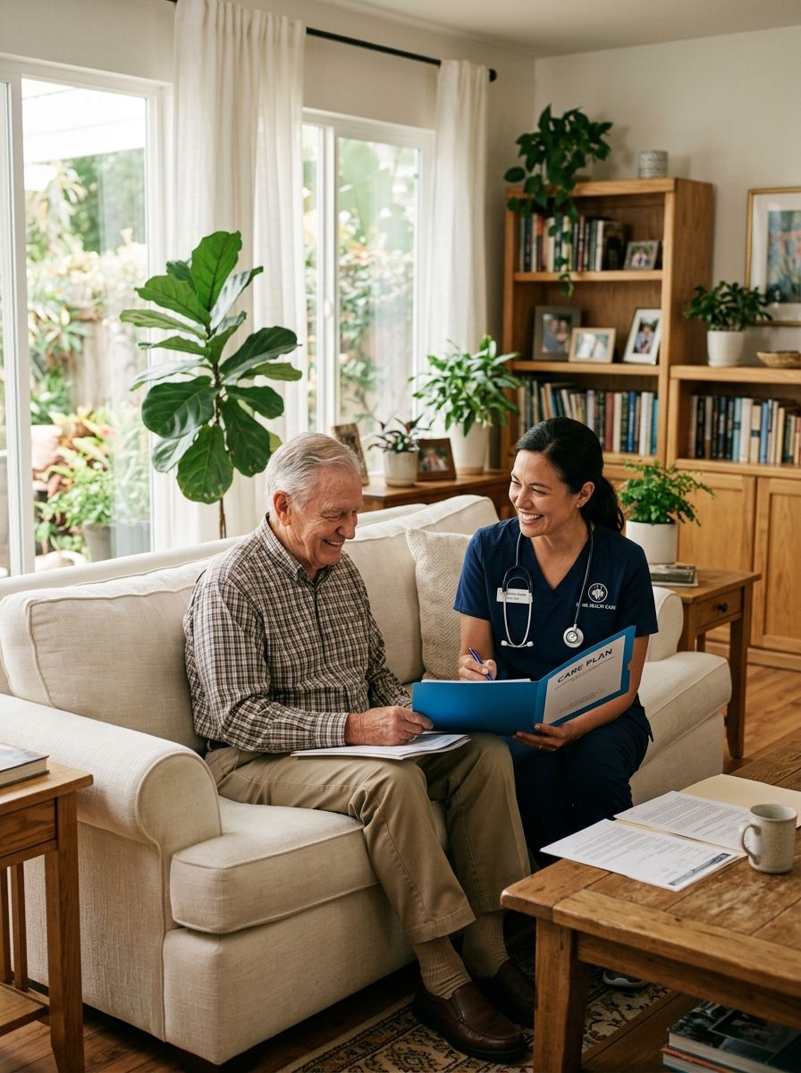 A compassionate female nurse in navy scrubs sitting beside a smiling older gentleman on a sofa reviewing a care plan folder.