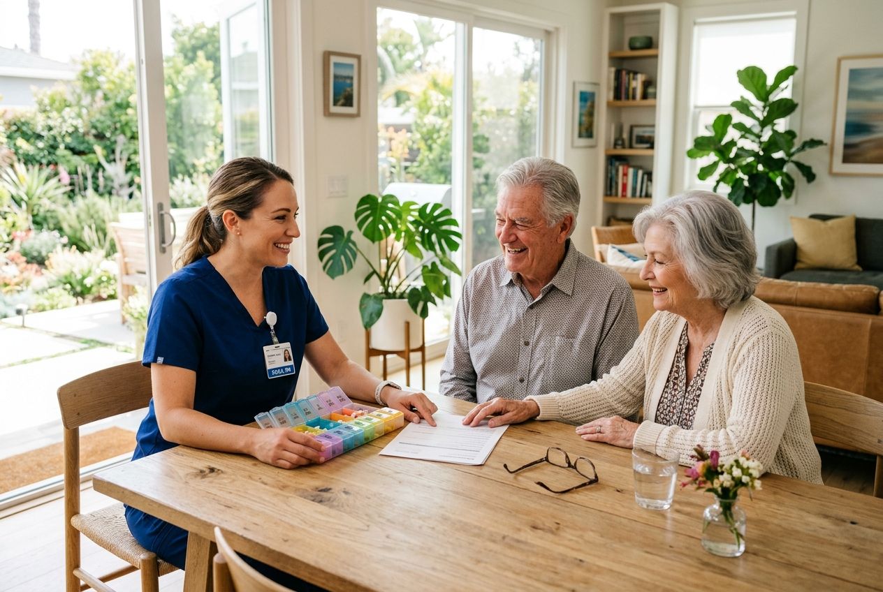 A clinician sitting at a sunlit dining table talking through exercises with an older couple.