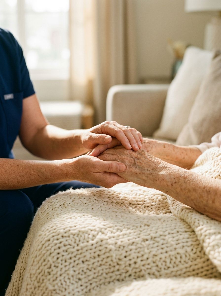Close-up of a clinician gently holding the hands of an older patient resting under a soft cream knit blanket.