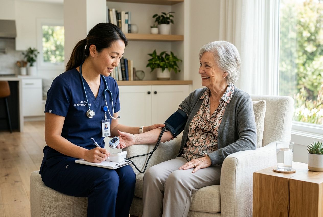 A registered nurse checking the blood pressure and pulse oximetry of a smiling older woman in a sunlit California living room.