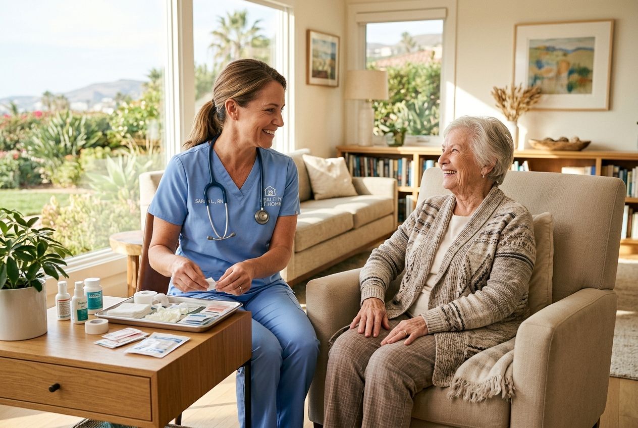 A registered nurse preparing sterile clinical supplies in a bright, sunlit California living room beside a comfortable patient.