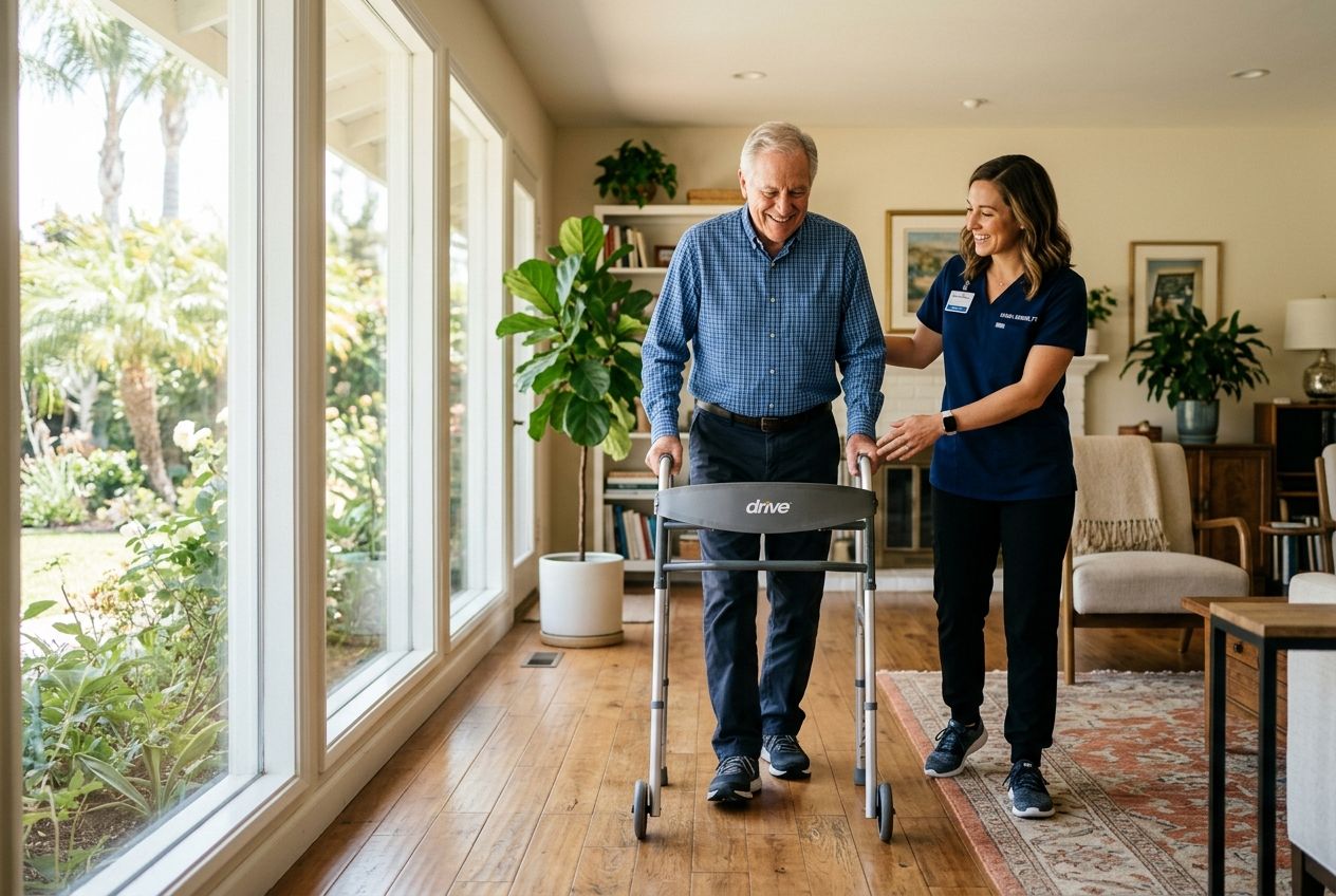 A physical therapist walking alongside an older adult using a walker in a bright, obstacle-free home hallway.
